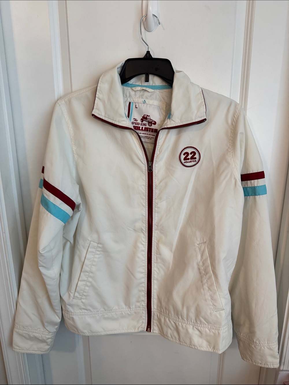 Hollister White Bomber Jacket with Burgundy & Light Blue Stripes
